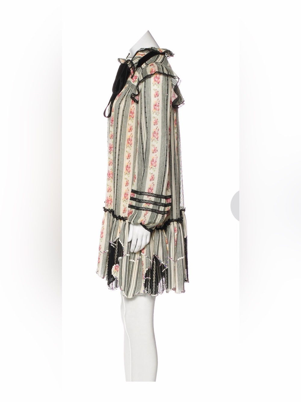 Marc Jacobs Cream Striped Floral Long-Sleeve Mini Dress with Black Velvet Bow 4 - Picture 2 of 9